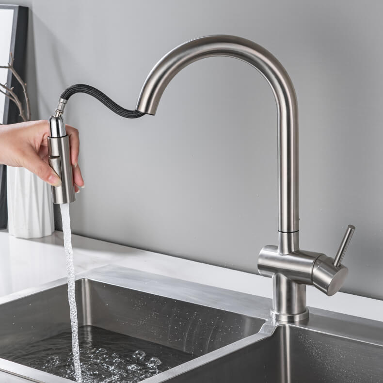 High-Arc Pull-Out Dual Spray Kitchen Faucet in Stainless Steel